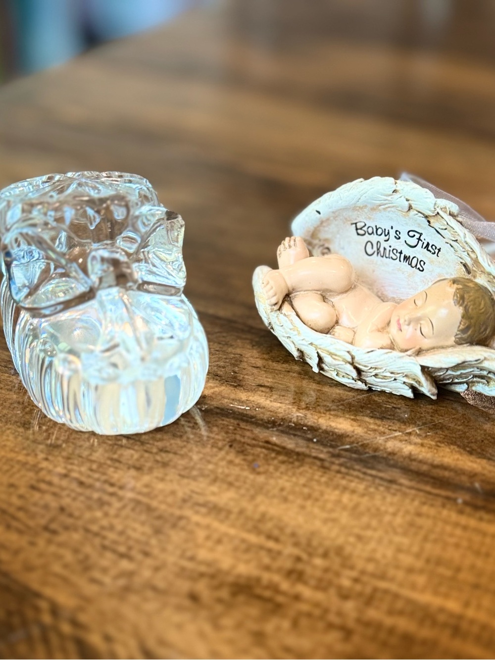 Baby's First Christmas Ornament and Vintage Crystal Glass Bootie Paperweight